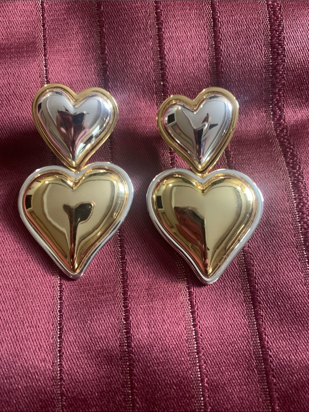 Gold and Silver Double Heart Drop Earrings - Women Jewelry